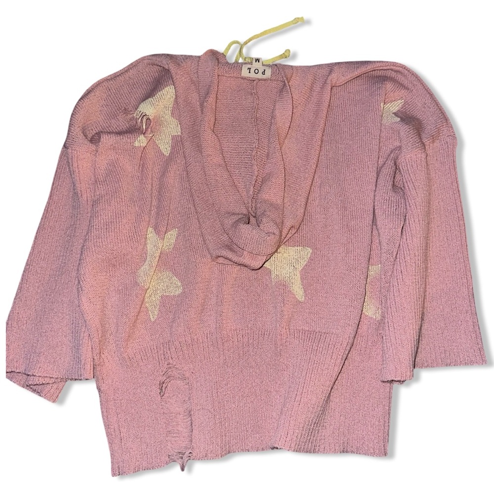 POL Light Pink Star Pattern Distressed Hoodie Sweater Size Medium - Picture 4 of 6
